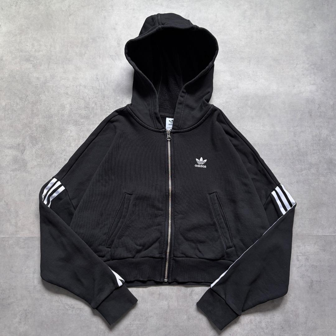 adidas アディダス ジップパーカー 古着 短丈 刺繍 XS 黒 19587