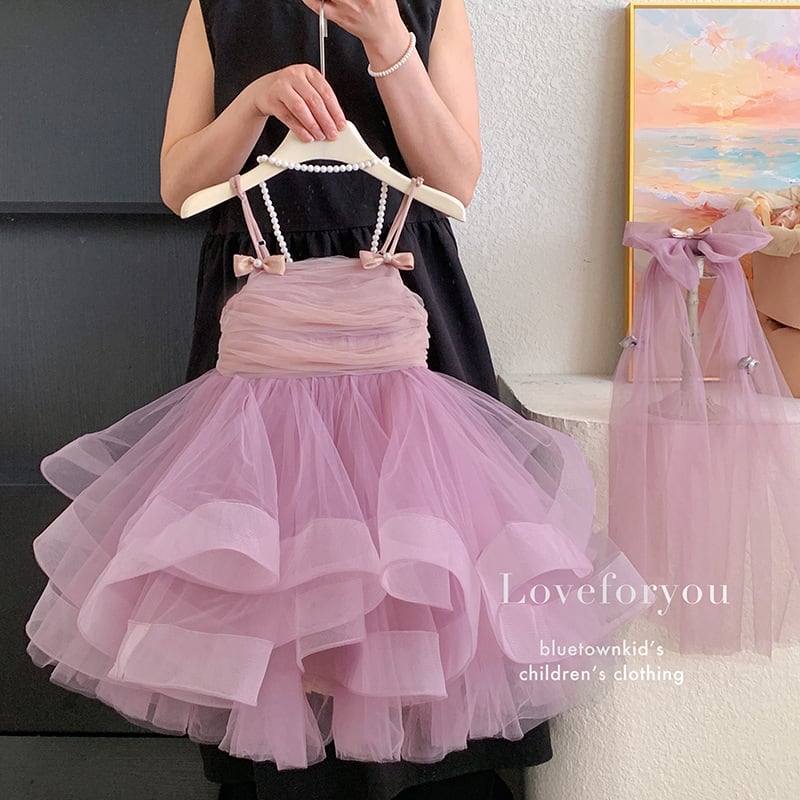【予約販売】90-140cm ふんわり重なる魔法のボリューム♪ 高級感あふれるたっぷりチュールキャミソールドレス ワンピース