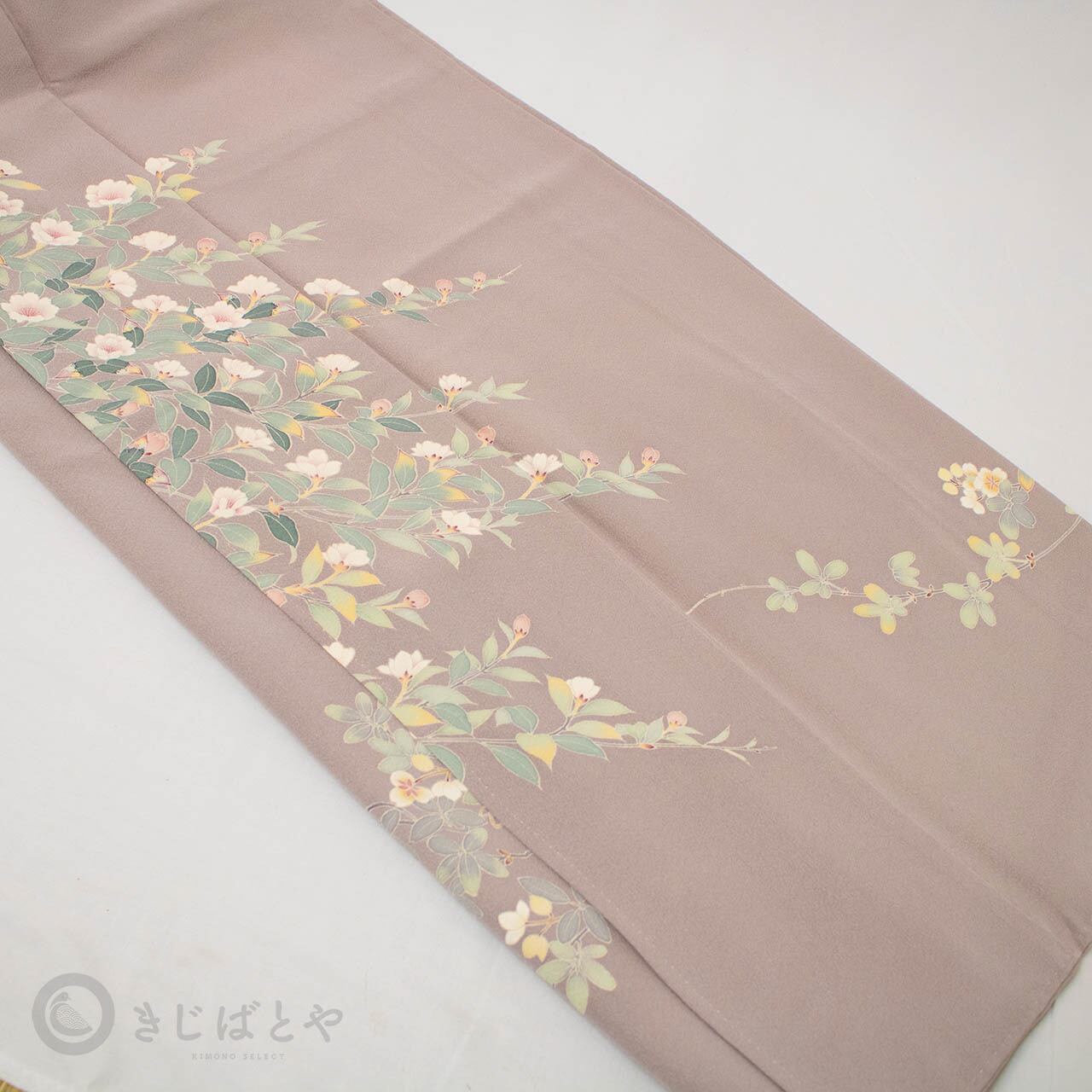 ご予約品】正絹ちりめん 鴇色鼠に花の付け下げ 紋入 作家物 袷 | きじ