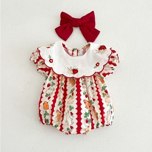 【66-100】夏うさぎ刺繍襟付きロンパース 女の子 ベビー 半袖カバーオール カラープリント