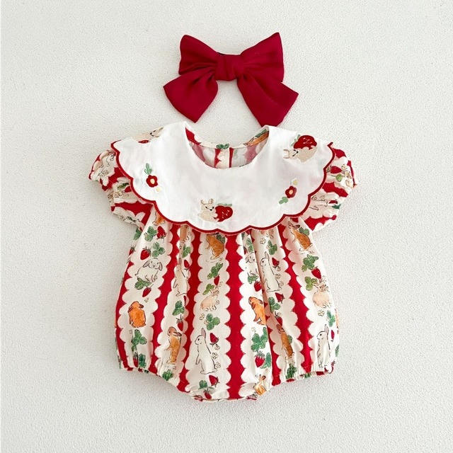 【66-100】夏うさぎ刺繍襟付きロンパース 女の子 ベビー 半袖カバーオール カラープリント