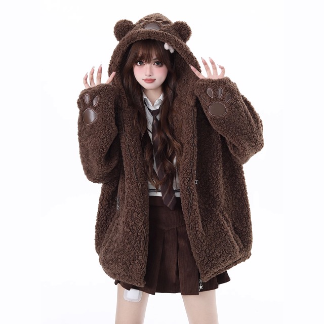 ゴスロリファッション 通販 With U CRAZYGIRL オリジナル フーディ ジャケット もこもこ もふもふ くまちゃん ストリート系 かわいい JK ストリート系 地雷 量産型