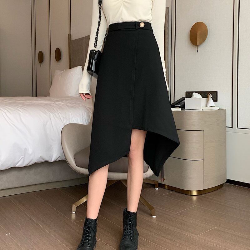 スカート レディース ミモレ ミモレ丈 膝丈 アシンメトリー Aライン かわいい 大人可愛い きれいめ 上品 エレガント 清楚 フェミニン おしゃれ お洒落 綺麗 お嬢様 ナチュラル こなれ感 ラブリー キュート ガーリー ロマンチック 抜け感 主役級 存在感 OL 通勤 学生 通学 デート お出かけ 女子会 S M L XL 2XL 3XL 4XL 大きいサイズ ブラック 黒 10代 30代 韓国 韓国系 着回し 体型カバー トレンド インスタ 送料無料