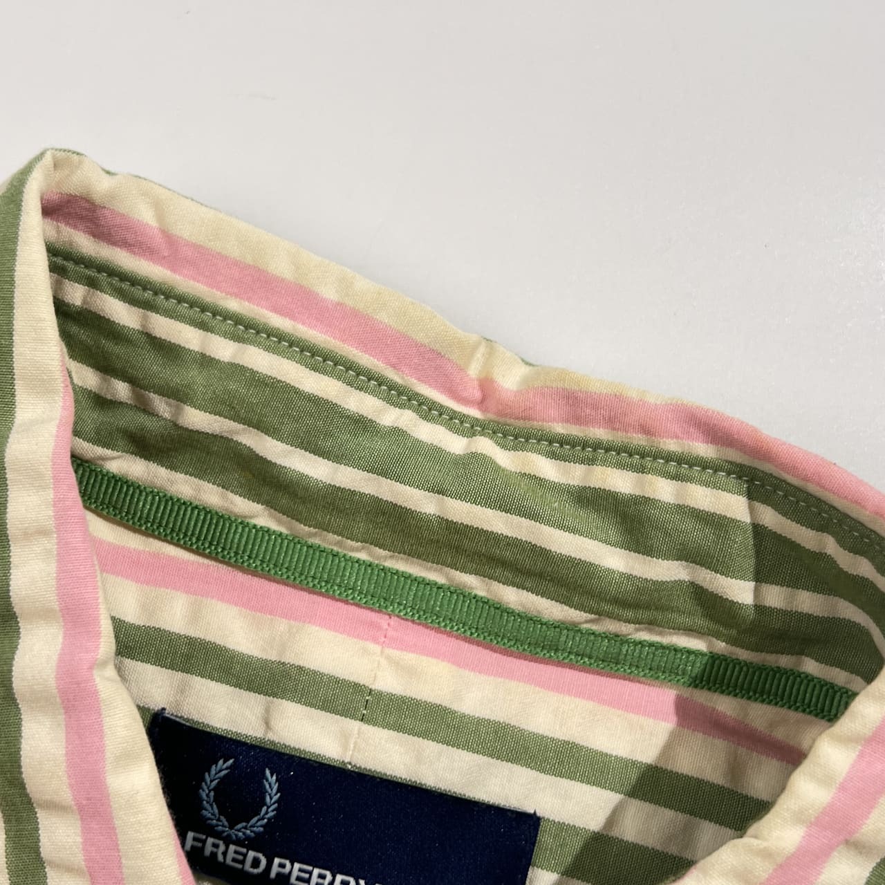 FRED PERRY フレッドペリー ストライプ シアサッカー 半袖 シャツ S /グリーン×ピンク系 メンズ ヒットユニオン