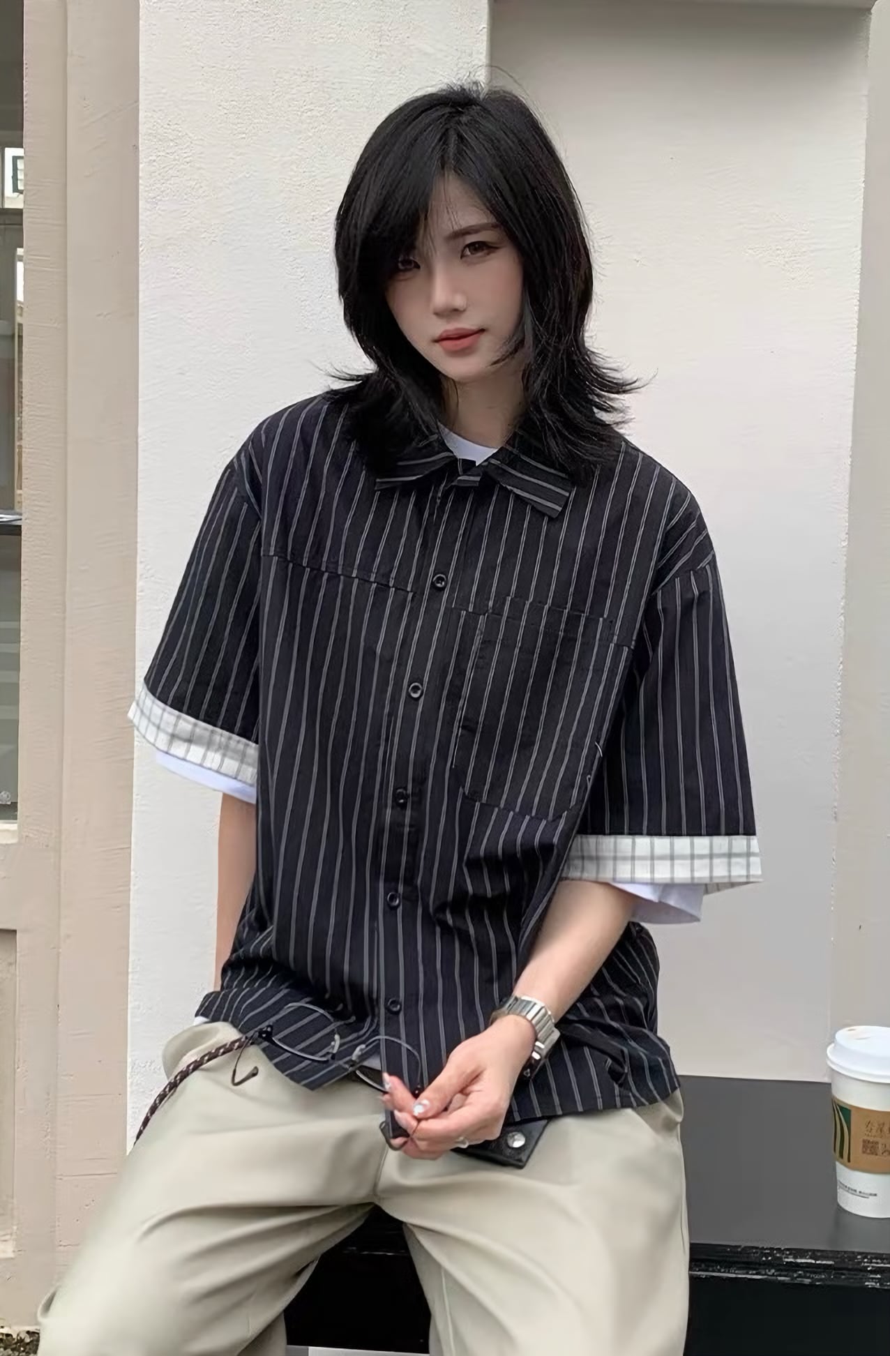 ストライプ パッチスリーブ シャツ / Contrast Stripe Half Sleeve Shirt