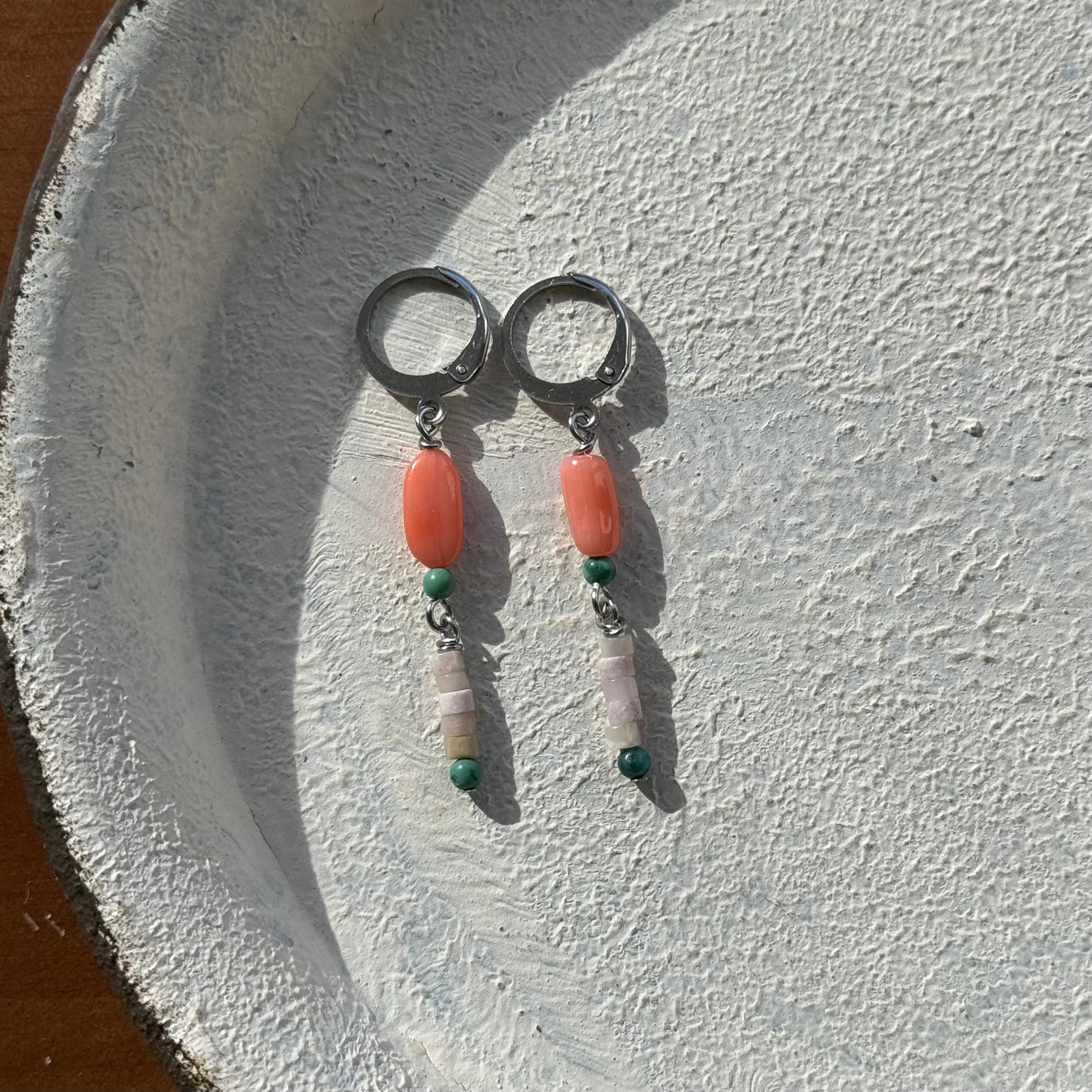 NC26045【サージカルステンレス:シルバー】珊瑚×ピンクオパール×ターコイズ ピアス