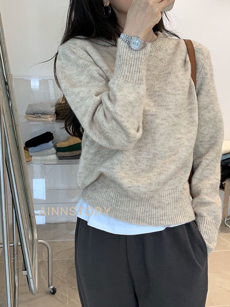 オータムセーター ルーズラウンドネックプルオーバー グレー ロング 秋物 Oネック ビッグFスモールZ韓国29913325242