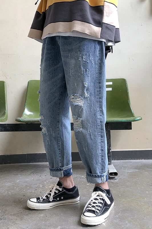 全1色 デニム パンツ ストレート カジュアル ダメージ おしゃれ