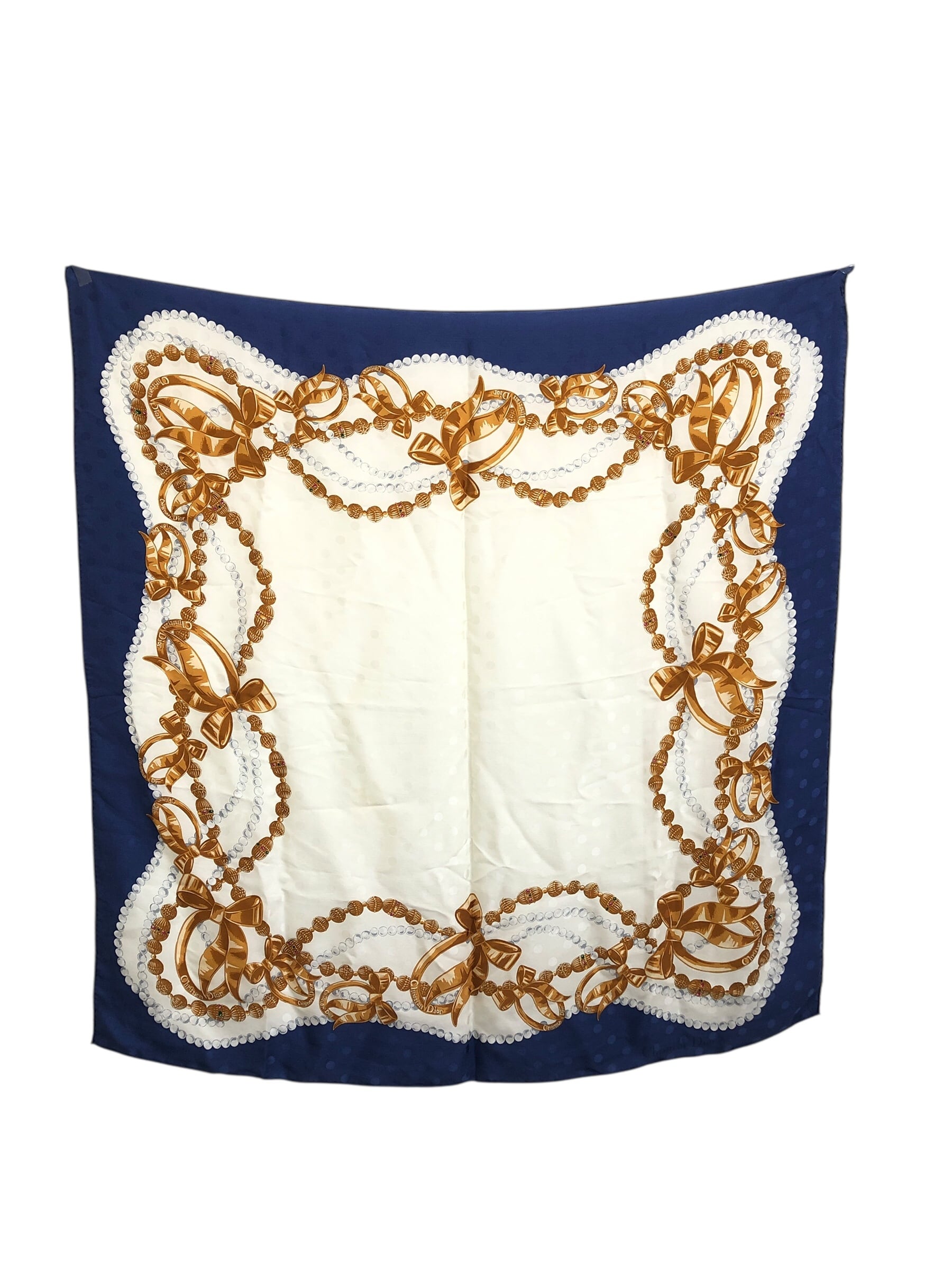 Christian Dior クリスチャン ディオール スカーフ ブルー ホワイト シルク リボン vintage ヴィンテージ オールド 4m2iap