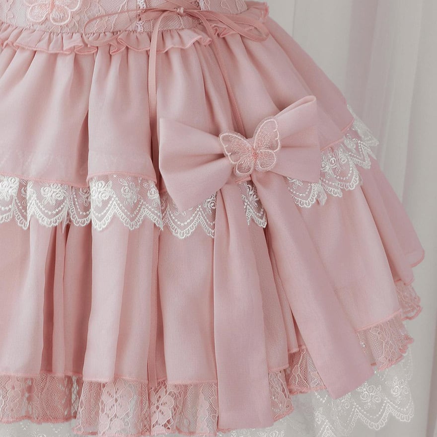 夢かわいい 甘ロリ ドレス ワンピース ピンク 半袖 レースアップ