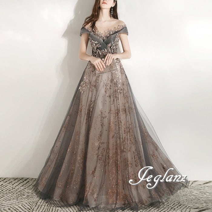 パーティ イブニングドレス 背中 編み上げ チュール 4色 ♪(M8634)ζ