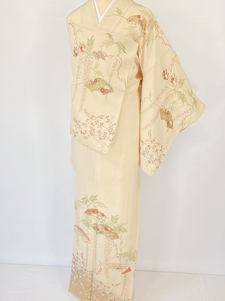 京友禅 やまと誂製 金駒刺繍 藤の花 扇面 訪問着 正絹 白 クリーム 898