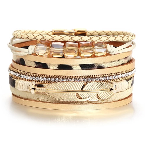 ブレスレット  動物 アニマル クリスタル ヒョウ ハート レザー ビーズ レトロ 羽根 レディース メンズ BOHO レオパード 豹