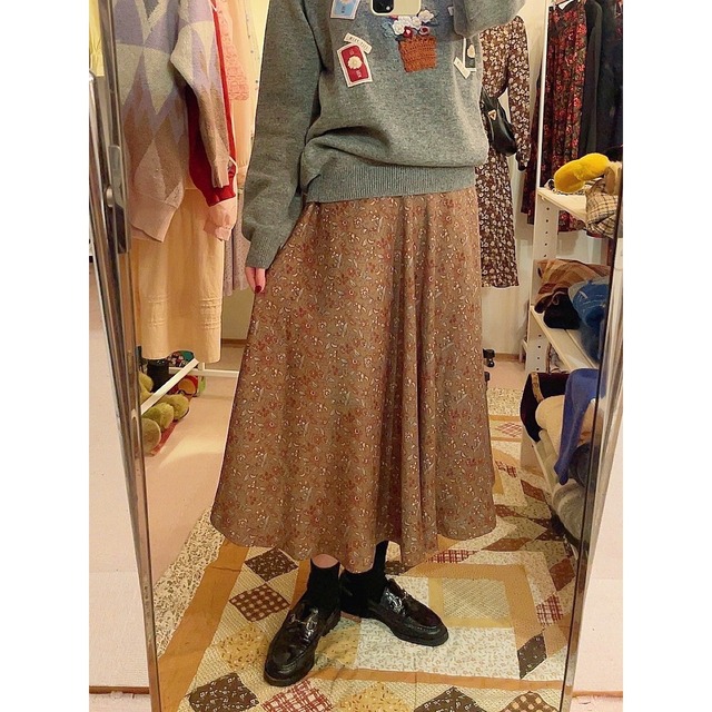 brown flower leaf flare skirt