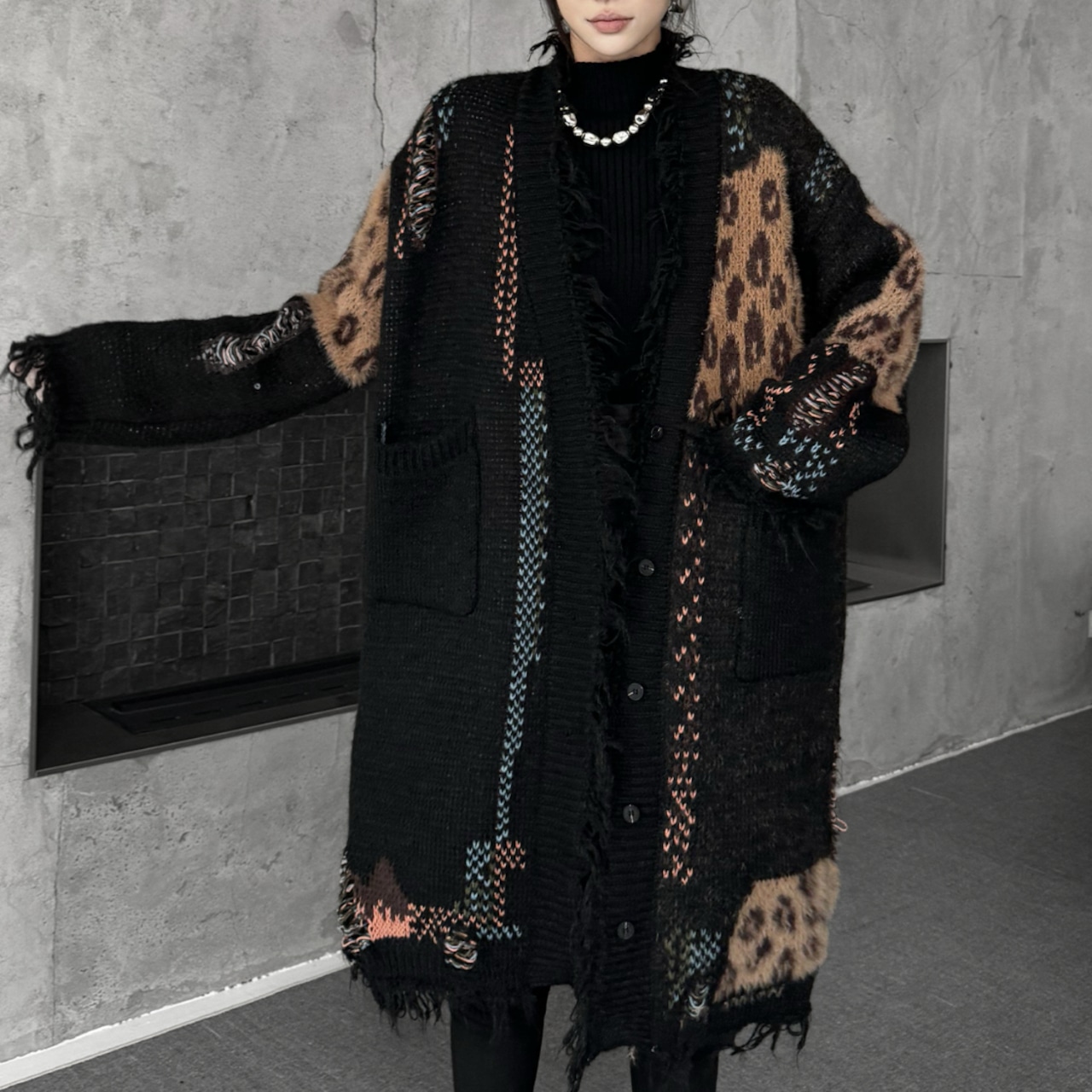 Leopard print patchwork sweater cardigan (ME192)