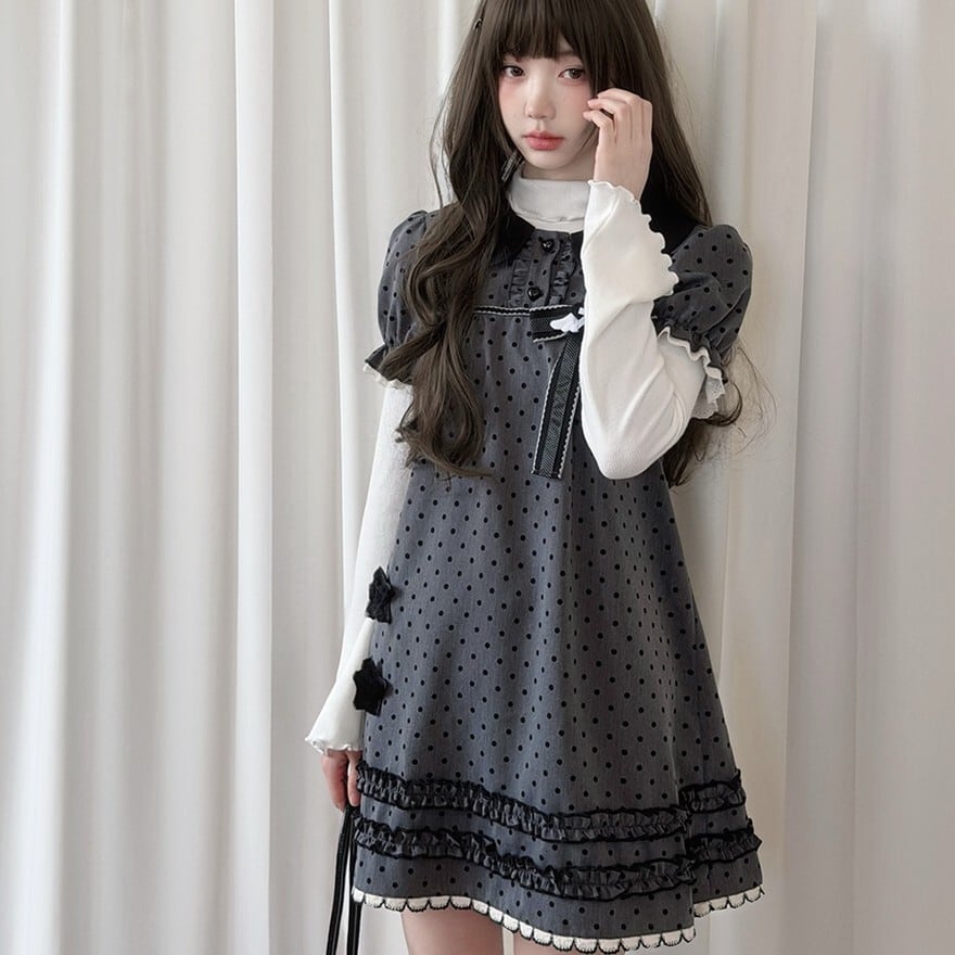 ロリータファッション ガーリードット柄リボンフリル半袖ワンピース