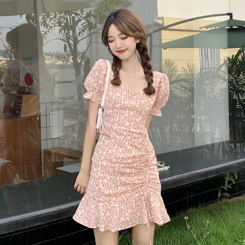 スリーブフローラルドレス サマーショートスカート ピンク 夏物 花柄 スーパーモール40265874522