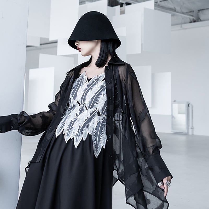 サブカル 服 地雷系 通販 モード系 春 夏服 ワンピース サスペンダースカート ノースリーブ フェザーデザイン フレアスカート シアー 透け感 大人きれい おしゃれ ゴシック ロリータ