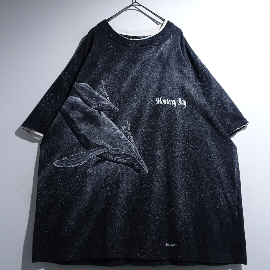 90s Black Whale Full Print Double-Layer Design T-Shirt