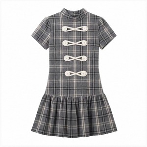 [Oink oink] Napoleon check puff-sleeve pleated dress