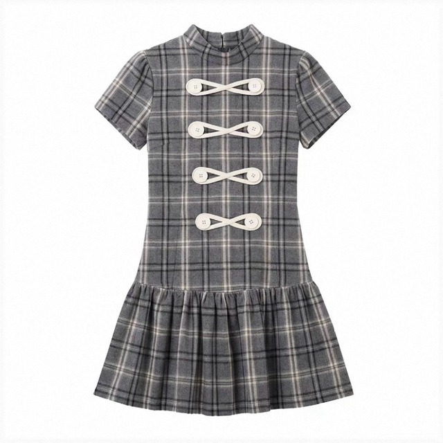 [Oink oink] Napoleon check puff-sleeve pleated dress