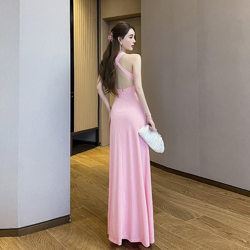 3色】ロングドレス ホルターネック 谷間見せ セクシー 宴会 ナイト