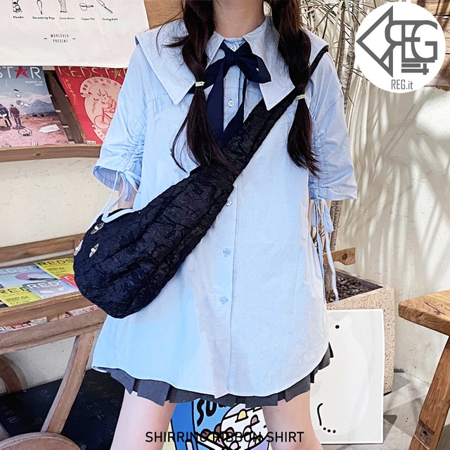 【REGIT】SHIRRING RIBBON SHIRT S/S 韓国ファッション トップス ブラウス リボン 10代 セーラー服風 半袖 プチプラ 着回し 着映え ネット通販 TPB040