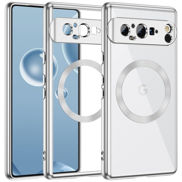 MuZiF Google Pixel 9 Pro XL 用 ケース クリア メッキ加工 Magsafe対応 永久磁石 レンズ保護 TPU ソフトケース 薄くて軽い 人気 耐衝撃 携帯カバー スマホケース (Google Pixel 9 Pro XL,シルバー)
