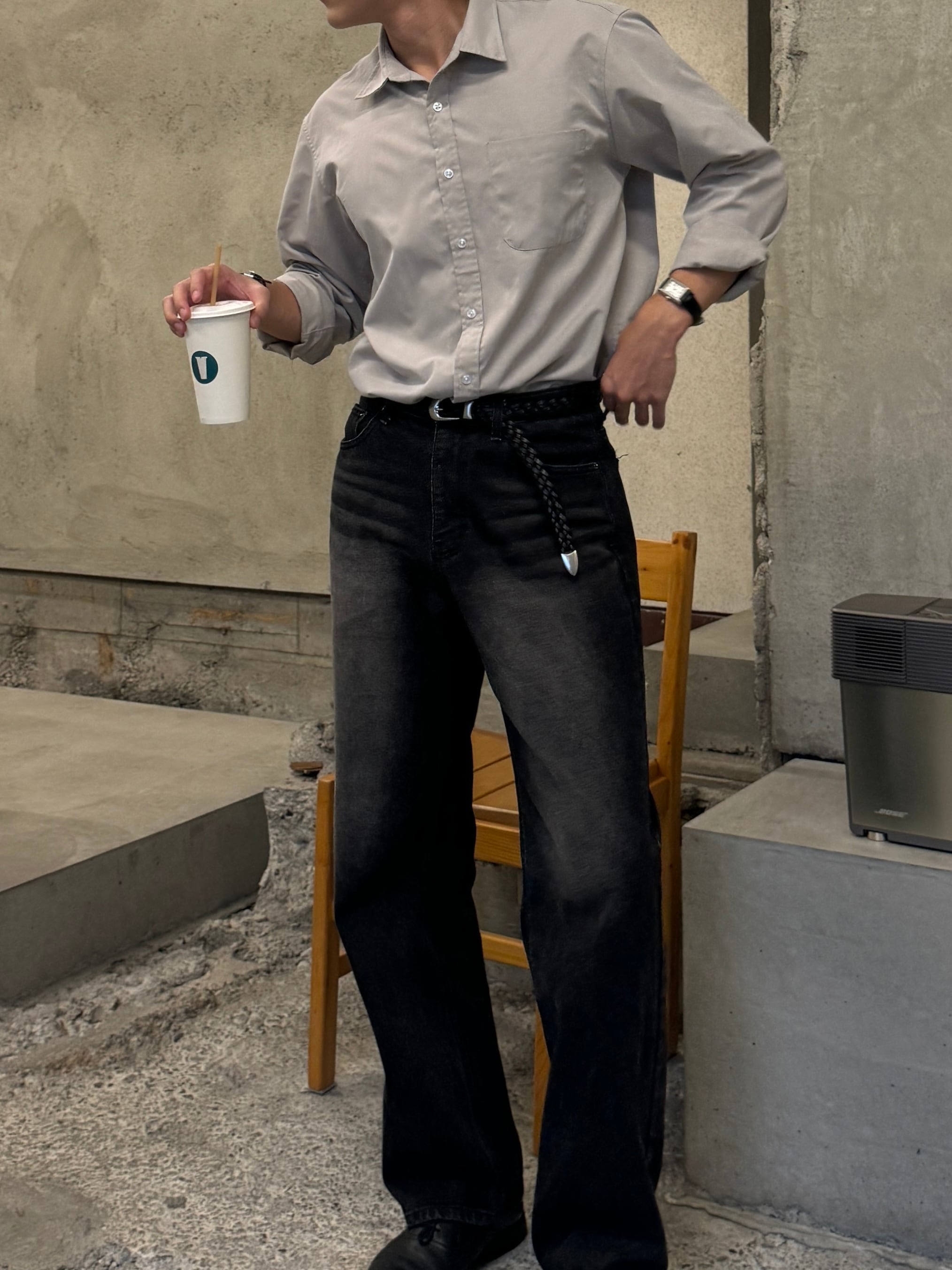 Vintage Washed Semi Wide Denim [Black] | 1AM