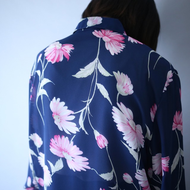 flower art pattern blue see-through shirt