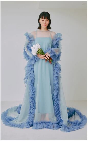 ブルードフリルドレス ツーピース 前撮り 妊婦 シースルー袖 デザイン  