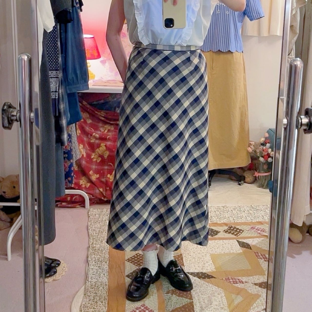 blue ivory check long skirt