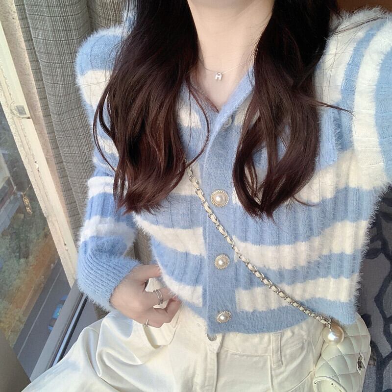 ストライプセーター ショートオータムウィンターフードカーディガン 大人ガーリー スウィート キュート カジュアル 秋物 冬物 ガールズファッション99578579606