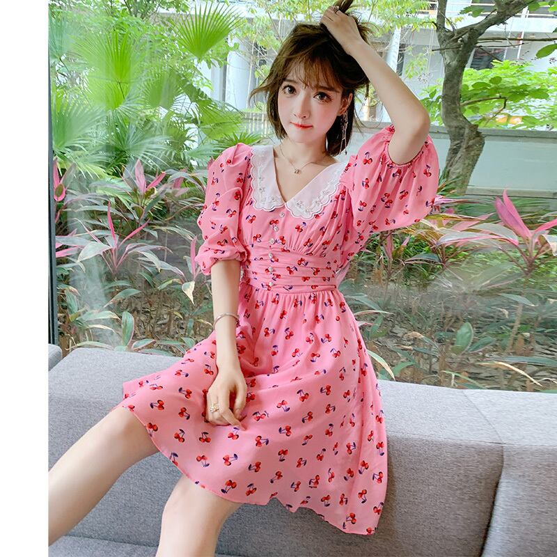 プリント柄Vネックスリーブウェスト薄手ドレス サマー 夏物 MIUCO98472243832