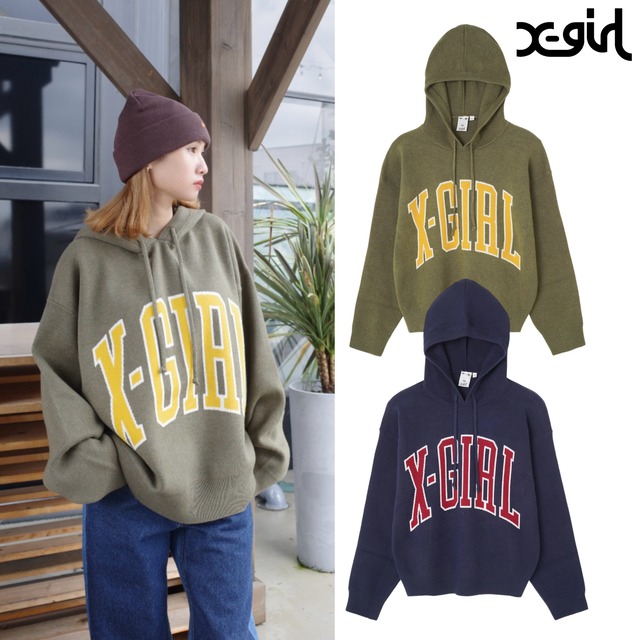 【X-girl】COLLEGE LOGO KNIT HOODIE 【エックスガール】