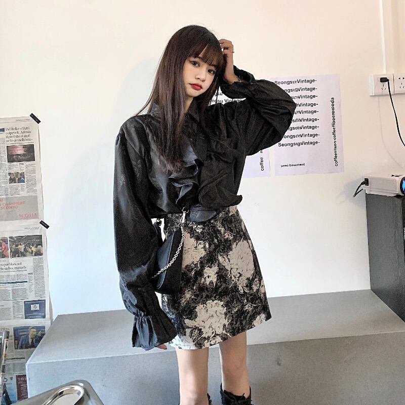 シャツ ルーズブラックスプリングスタイルブラウス ロング 春物 ブラックストロベリース29556059308