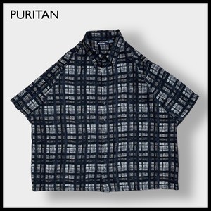 【PURITAN】半袖シャツ 個性的 柄シャツ 総柄 オールパターン 手描き風 チェック レーヨン 2XL ビッグサイズ US古着