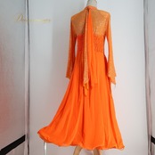 社交ダンス 衣装 prima boutique プリマブティック ドレス ワンピース オレンジ系 ホログラム レース 透け感 上品 明るい 鮮やか ダンス衣装 イベント ステージ パーティー レディース キラキラ 輝き 練習 レッスン