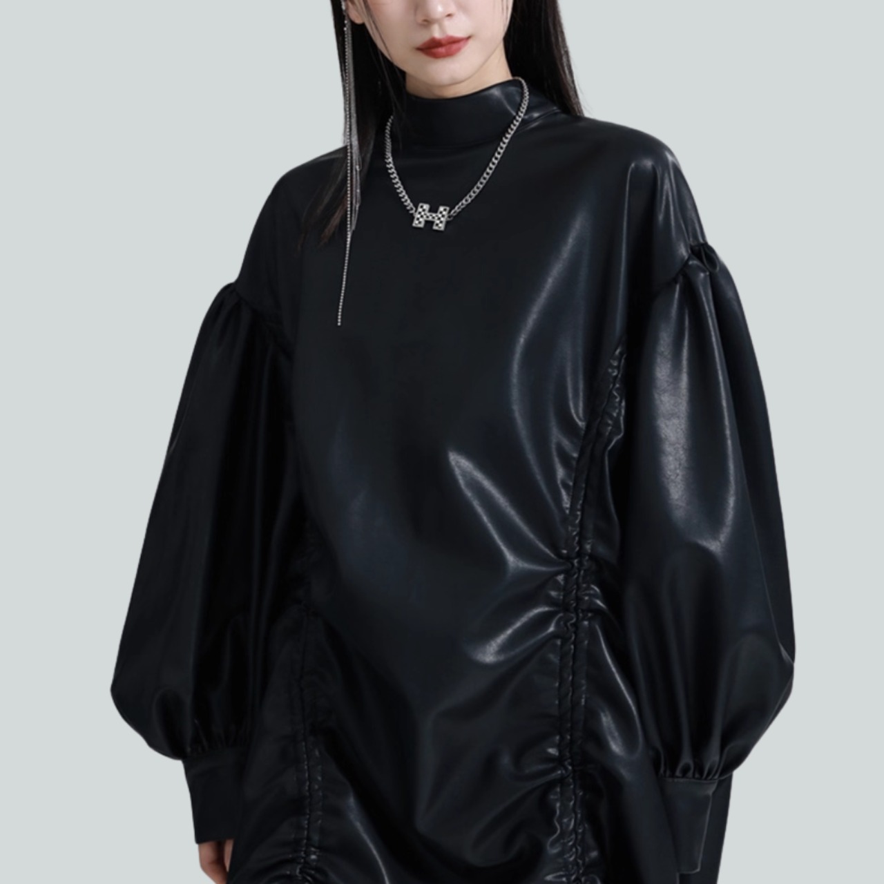 PU Leather Lantern Sleeve Dress(ME074)