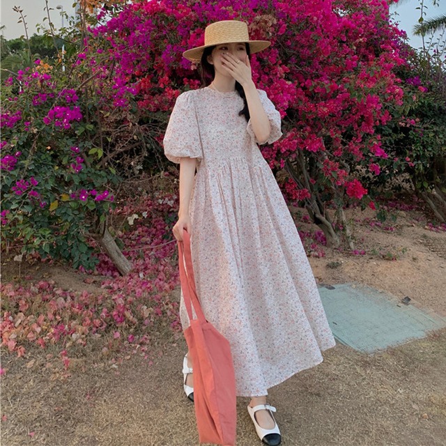 スタンダードフローラルバックリボンドレス サマースカート レトロ 大人ガーリー スウィート キュート カジュアル 夏物 花柄 萌量不足66785629899