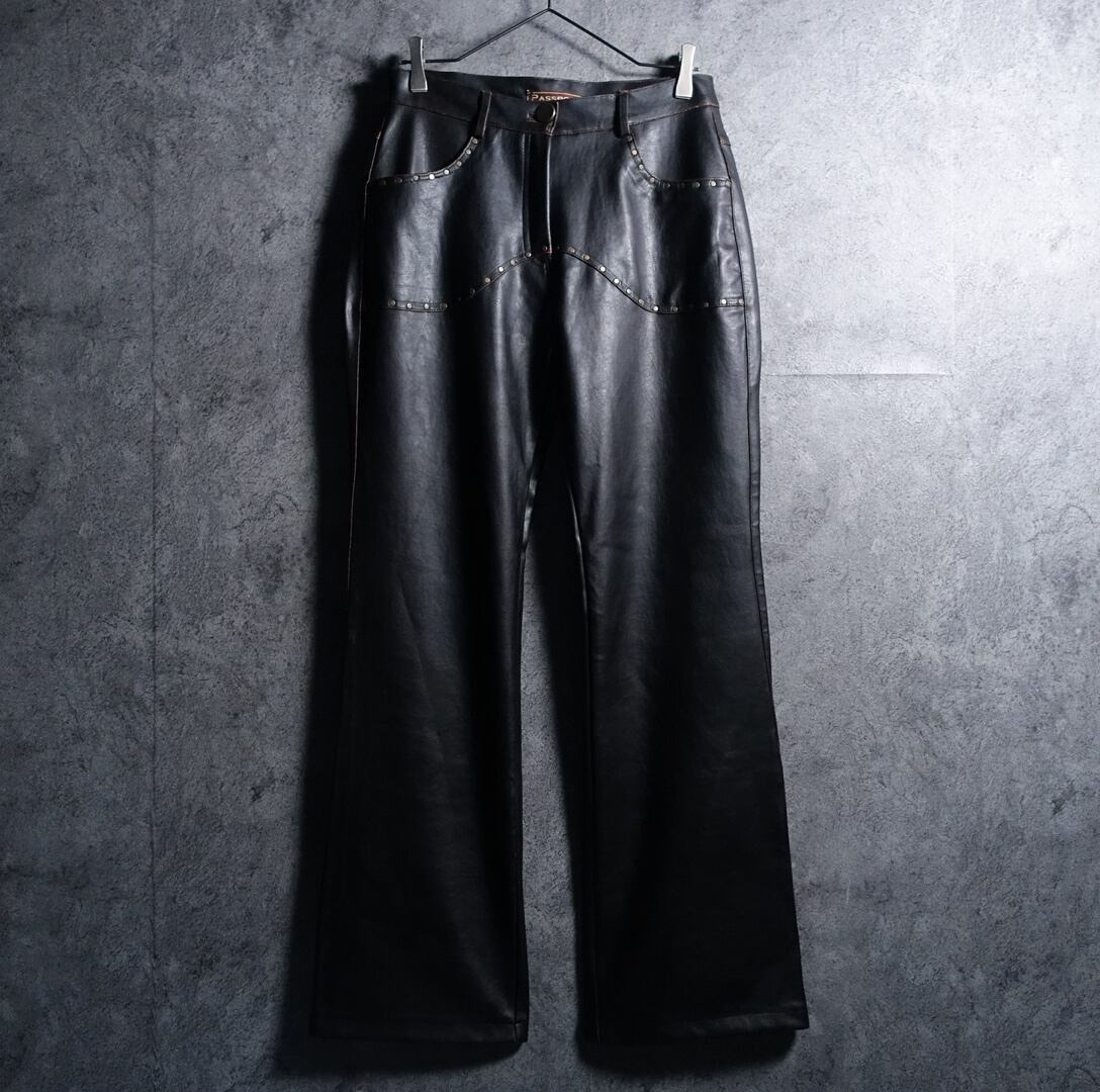 Black Studded Desgin Flared Faux Leather Pants