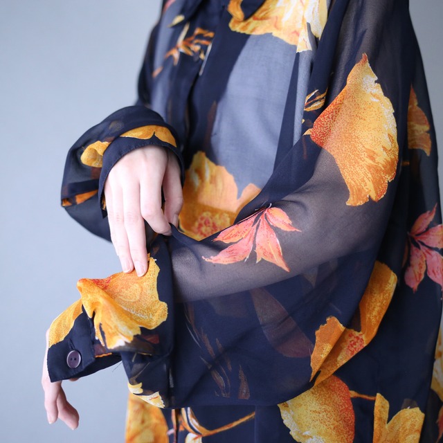 XX over silhouette art flower pattern see-through shirt