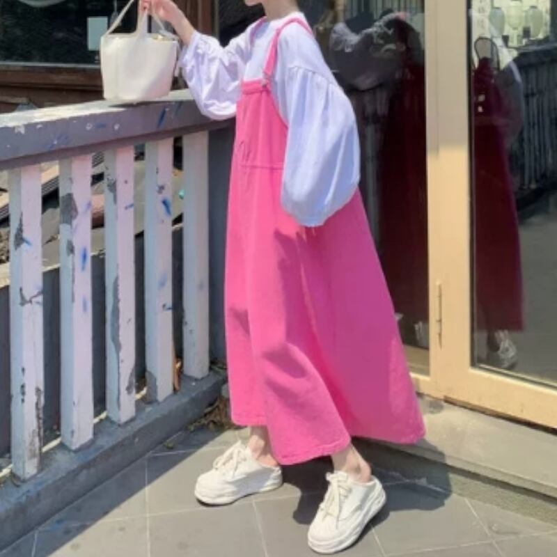 Vivid Pink Denim Overalls Maxi Dress S0317