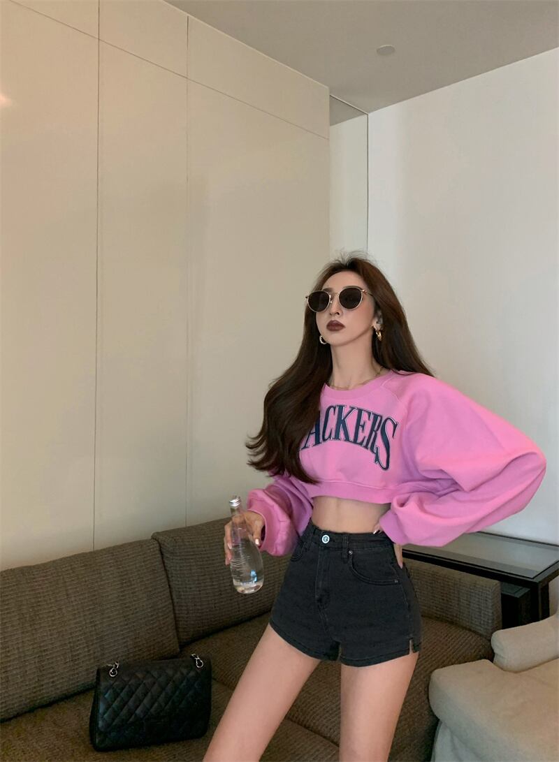 セーター Tシャツ レディースショートハイウェストウェストルーズオータムトップス ロング ピンク 秋物 ブラックストロベリース32676879742