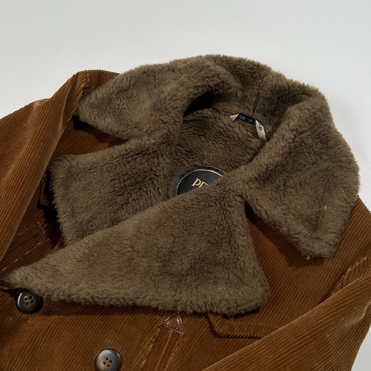 PEYTON sportswear スペイン製 コーデュロイ ダブル ランチ コート 裏ボア フリース S /ブラウン/ビンテージ/ベルト付き