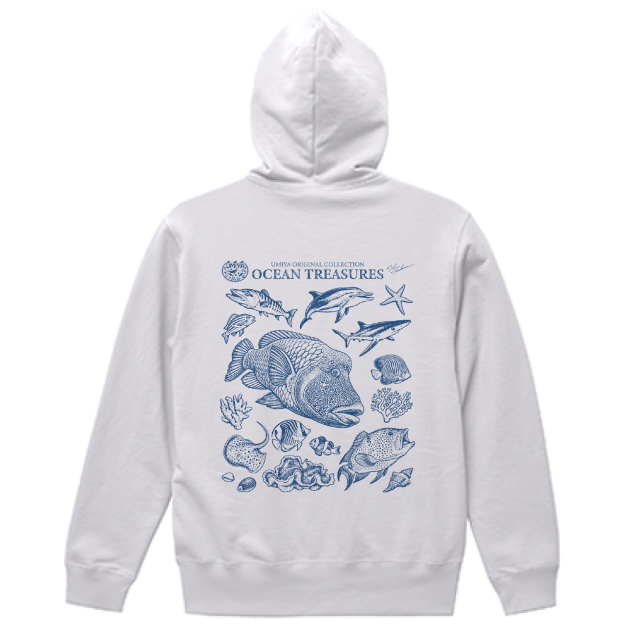 海洋生物ヴィンテージ風フルジップパーカー｜OCEAN TREASURES／Model-04（ホワイト）
