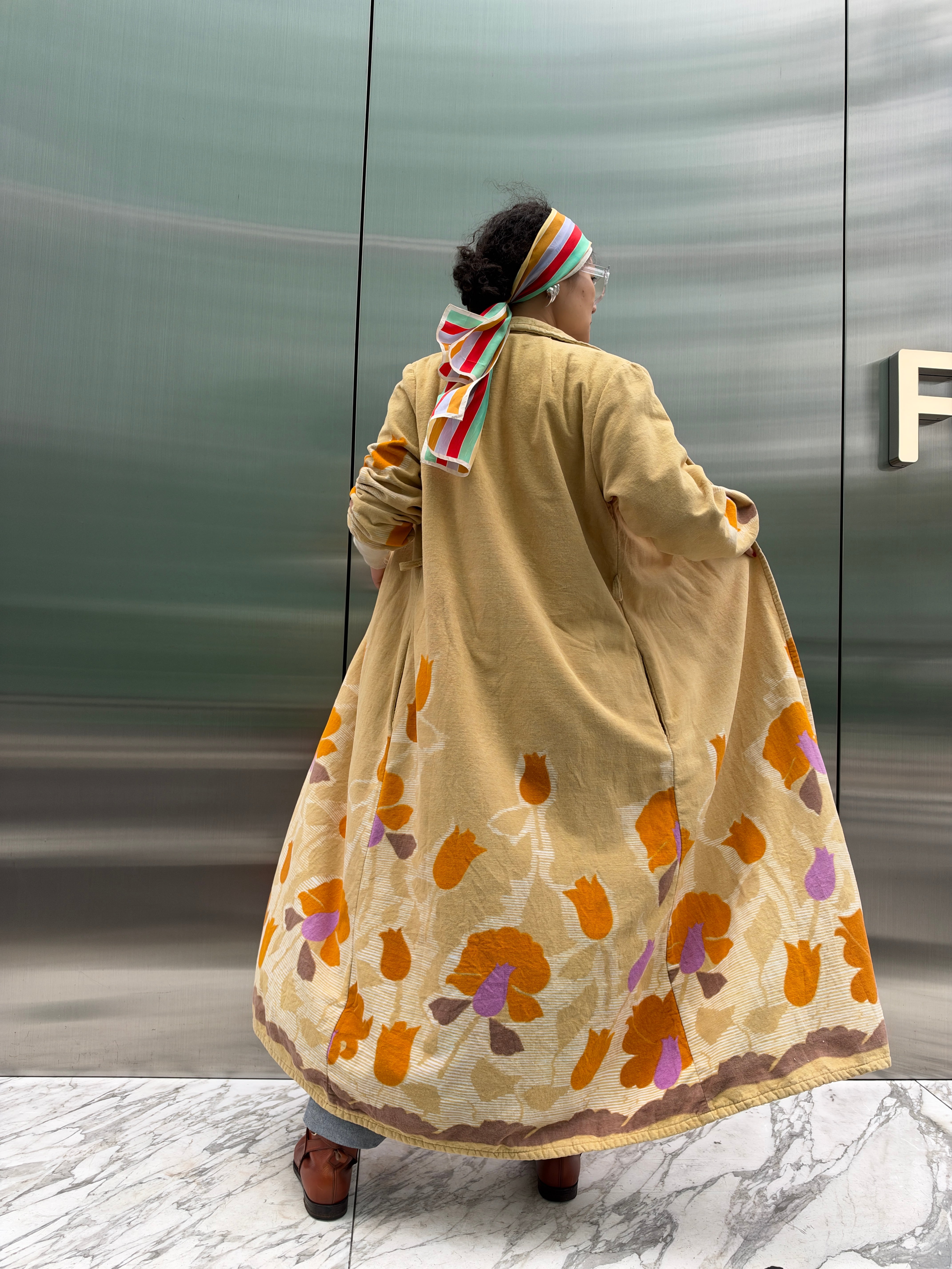 70s Euro Cream floral pile coat