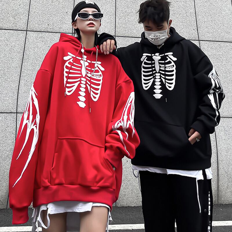姝姬シリーズ パーカー 2color 黒or赤 トップス 髑髏 男女兼用 ファッション 原宿風 かっこいい M L Xl 2xl Elegant