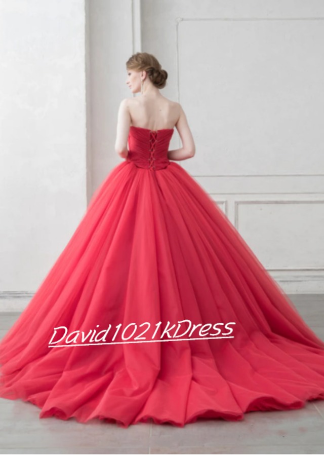 赤   カラードレス     結婚式ドレス  3D立体レース刺繍   ベアトップ