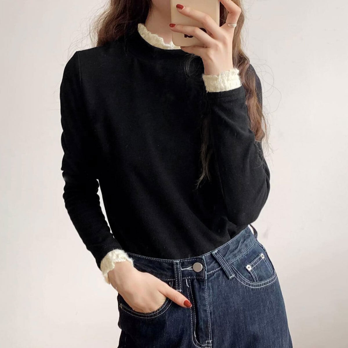 ハイネック リブニット 長袖 レースフリル レディース 春秋冬 韓国 きれいめ シンプル 大人 かわいい フェミニン おしゃれ 伸縮性 ニット トップス 大人可愛い 大人女子